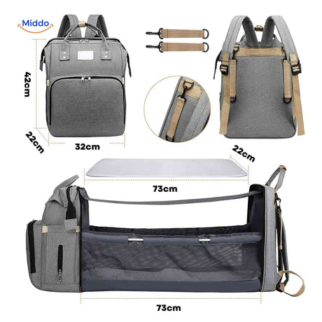 Detailed view of diaper backpack dimensions and foldable bassinet measurements.