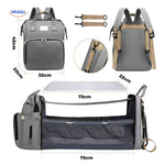 Detailed view of diaper backpack dimensions and foldable bassinet measurements.