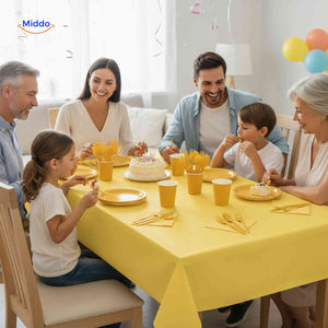Disposable party tableware set with table decoration coordinated pieces and styling.