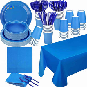 Light blue disposable party tableware set with coordinating plates, cups, and cutlery.