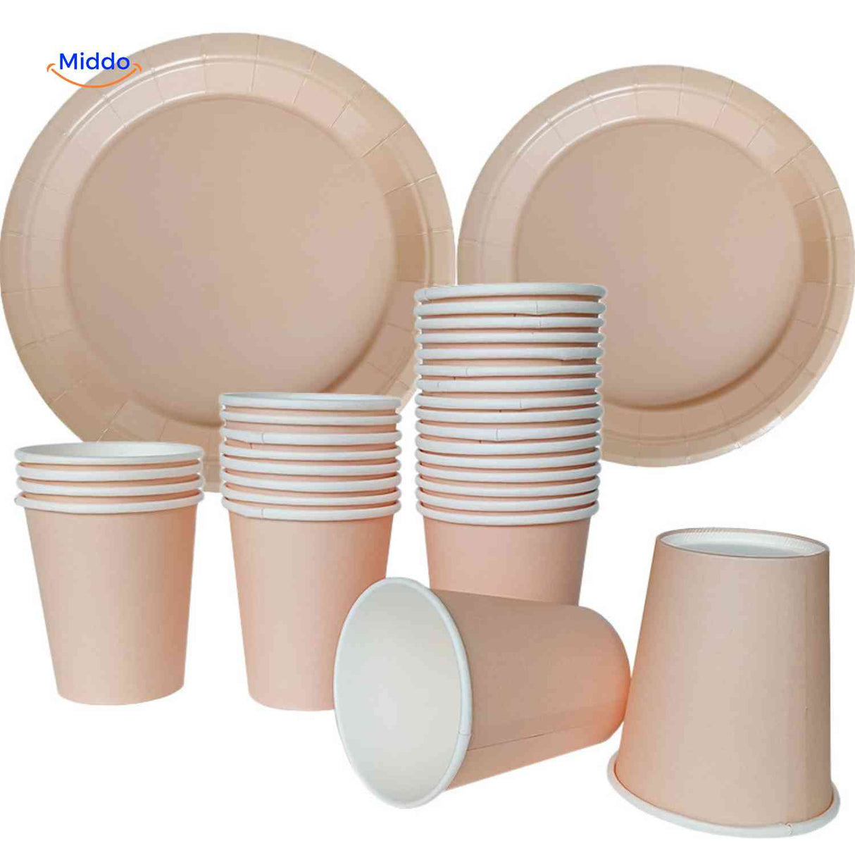 Natural beige disposable party tableware set with coordinating plates, cups, and cutlery.