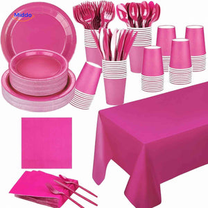Pink disposable party tableware set with coordinating plates, cups, cutlery, and servies.