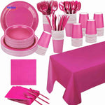 Pink disposable party tableware set with coordinating plates, cups, cutlery, and servies.