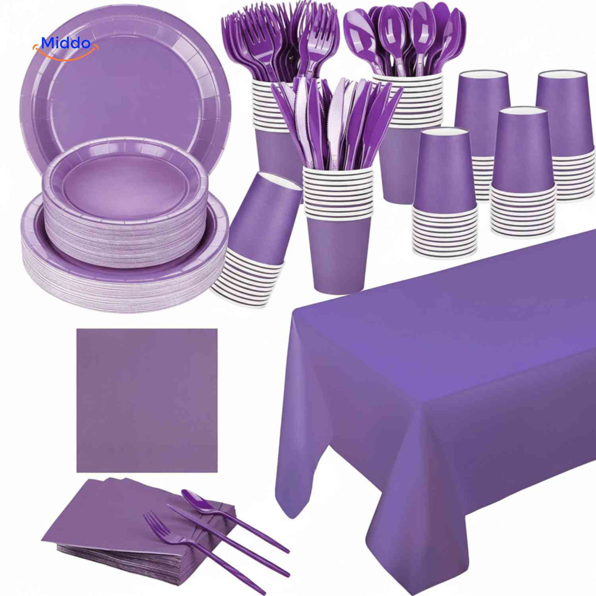 Purple disposable party tableware set with coordinating plates, cups, and cutlery pieces.