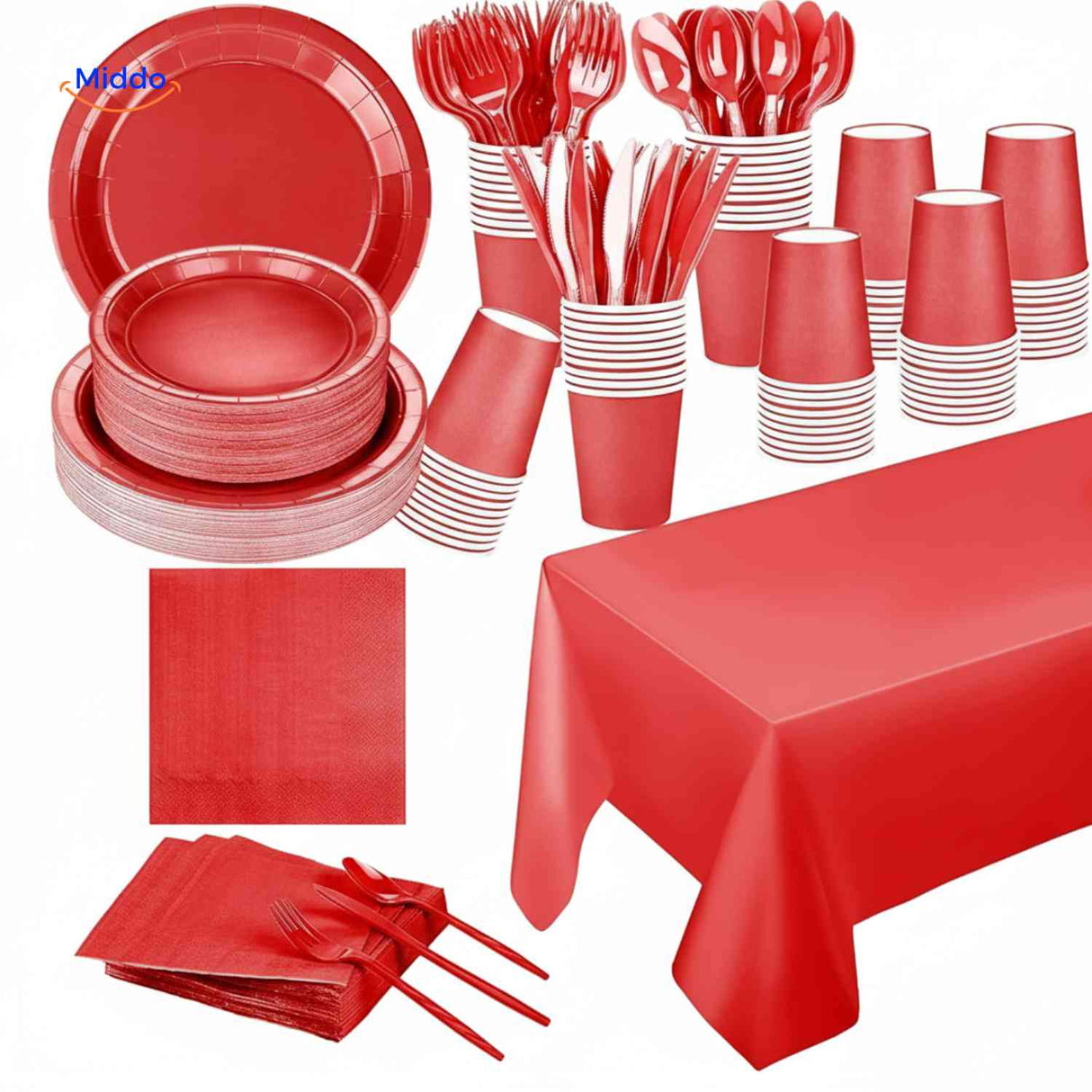 Red disposable party tableware set with plates, cups, cutlery for festive celebrations.