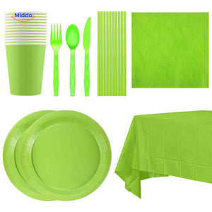 Complete disposable party tableware set including plates, cups, cutlery, and tablecloth.