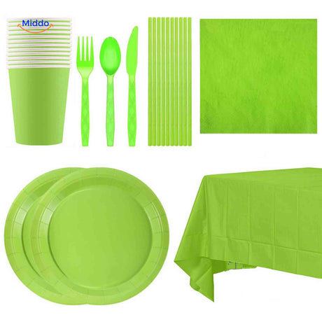 Complete disposable party tableware set including plates, cups, cutlery, and tablecloth.
