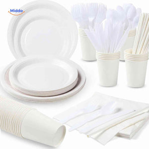 White disposable party tableware set with classic plates, cups, and cutlery for any party.