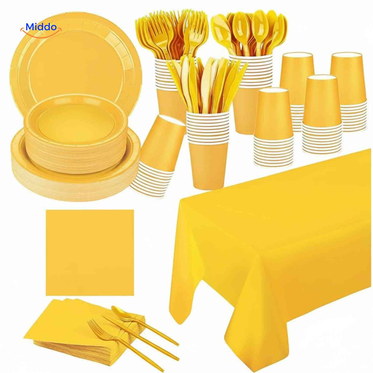 Yellow disposable party tableware set with bright plates, cups, cutlery for celebration.