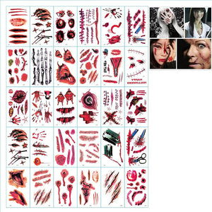 Diverse Halloween temporary tattoo collection with blood and scar designs.