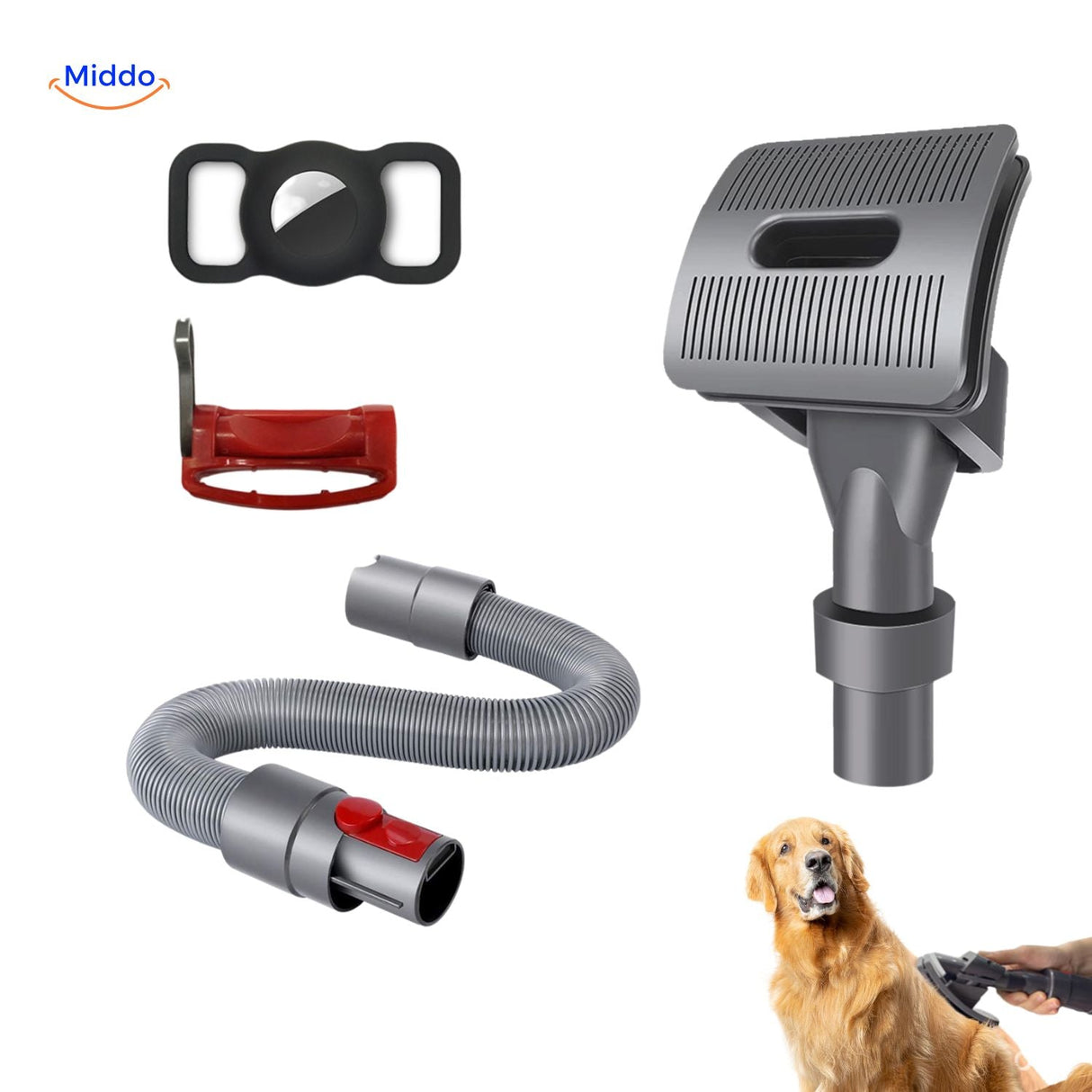 Dog hair vacuum brush with compatible accessories included.
