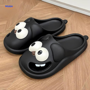 Soft blush tone dog slippers with delicate cartoon dog design.