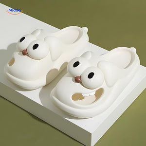 White dog slippers with charming big-eye cartoon dog character.