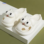 White dog slippers with charming big-eye cartoon dog character.