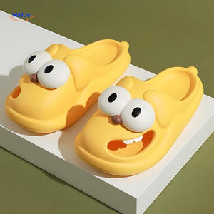 Cute yellow dog slippers with playful cartoon face details.