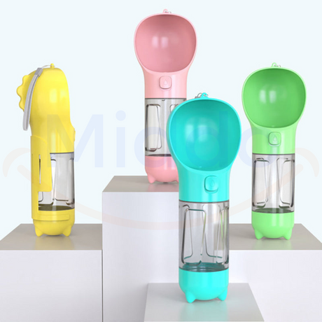 Four color options of dog water bottle shown on display stand.