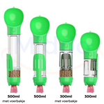 Green dog water bottle in 300ml and 500ml capacity sizes.