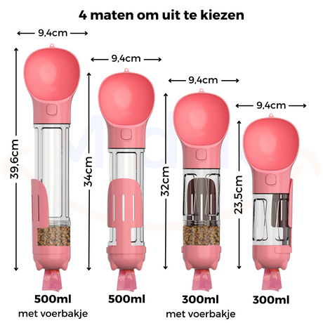 Pink dog water bottle showing dimensions and measurement specifications.