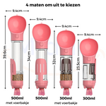 Pink dog water bottle showing dimensions and measurement specifications.