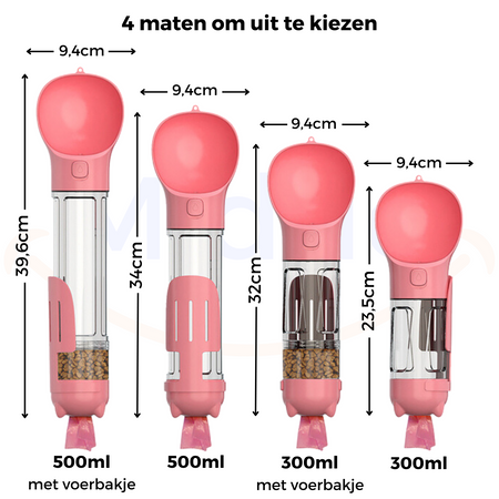 Pink dog water bottle showing dimensions and measurement specifications.
