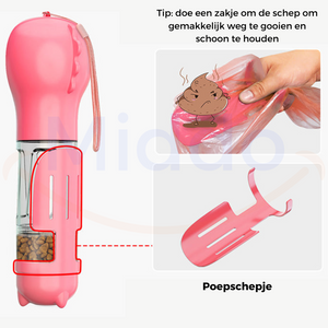 Pink water bottle with built-in waste scoop attachment shown.