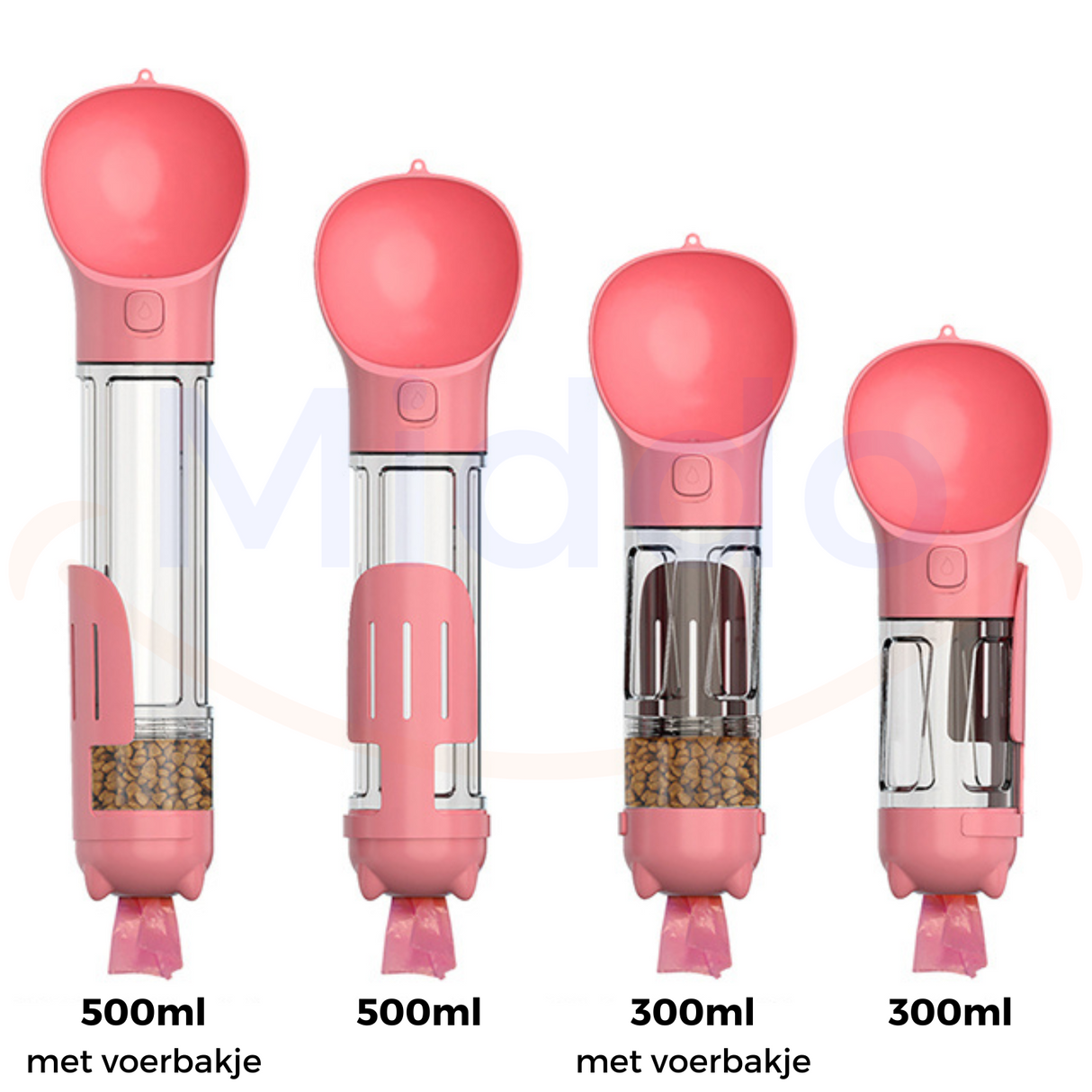 Pink dog water bottle in 300ml and 500ml capacity sizes.