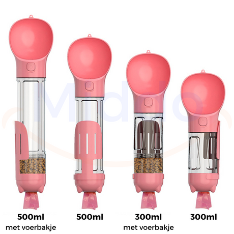 Pink dog water bottle in 300ml and 500ml capacity sizes.