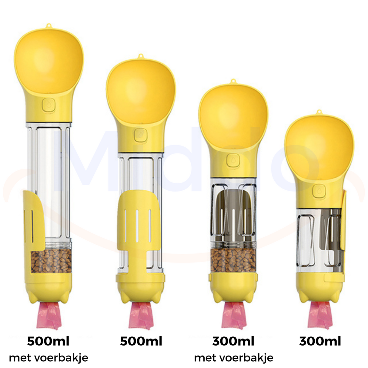 Yellow dog water bottle in 300ml and 500ml capacity sizes.