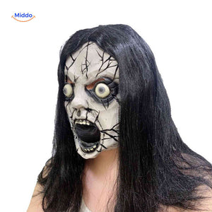 Scary doll mask with cracks and large bulging eyes for creepy look.