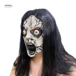 Scary doll mask with cracks and large bulging eyes for creepy look.