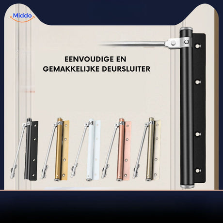 Door closer showing adjustment controls for closing speed customization.