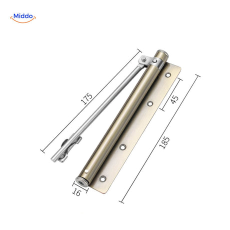 Brass-colored hydraulic door closer combines style with durable closure mechanism.