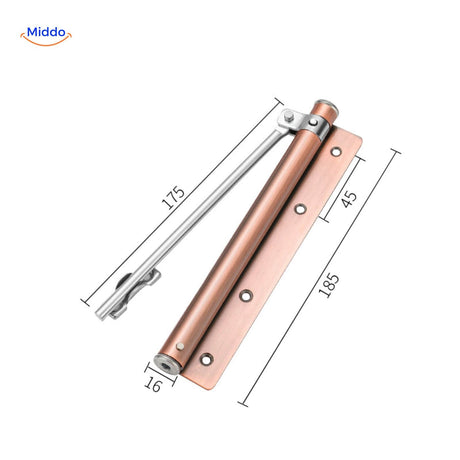 Copper-colored hydraulic door closer ensures safe, controlled door closing.