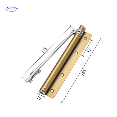Gold-finish hydraulic door closer with adjustable closing speed buffer.