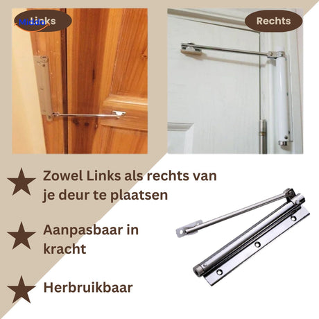 Hydraulic door closer works on both left and right-opening doors.