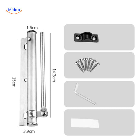 Hydraulic door closer with complete mounting accessories for easy setup.