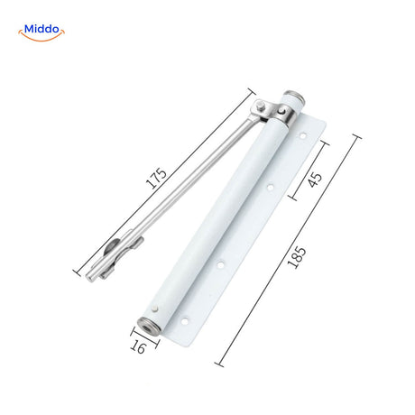 White hydraulic door closer offers seamless installation and automatic closing.