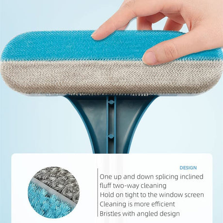 Pet hair removal brush featuring dual brush head design for efficient cleaning power.