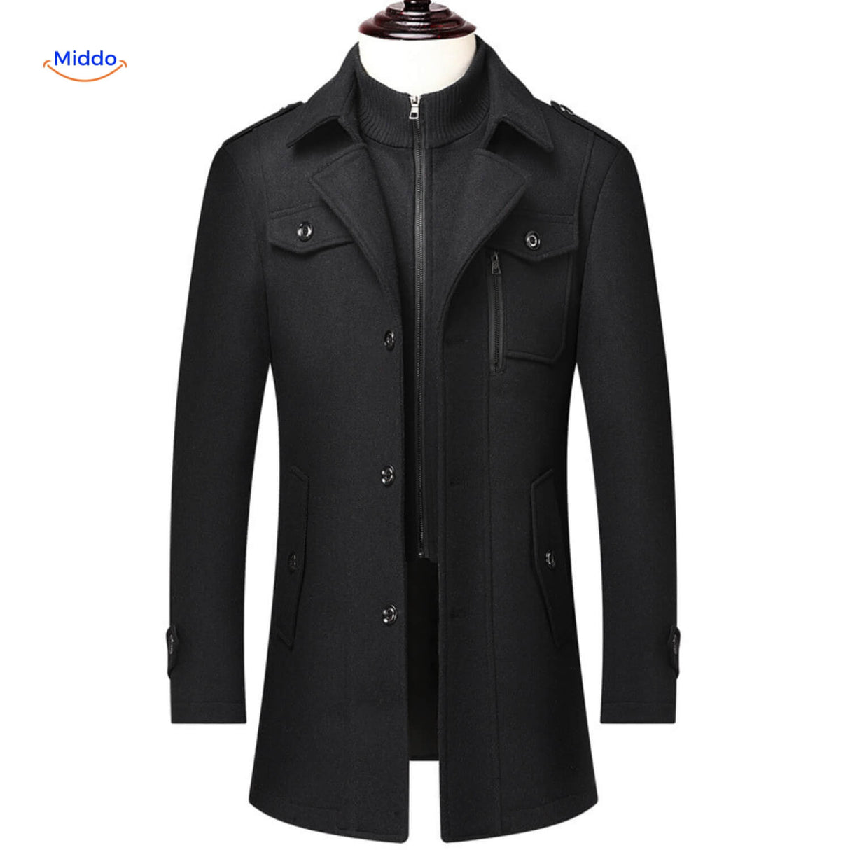 Black double-collar wool coat in a lifestyle shot highlighting the warm, timeless winter styling.