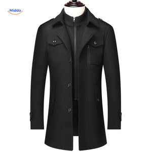 Black double-collar wool coat in a lifestyle shot highlighting the warm, timeless winter styling.