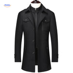 Black double-collar wool coat in a lifestyle shot highlighting the warm, timeless winter styling.