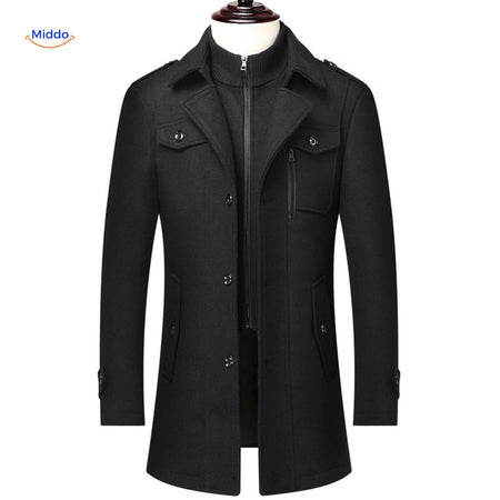 Black double-collar wool coat in a lifestyle shot highlighting the warm, timeless winter styling.