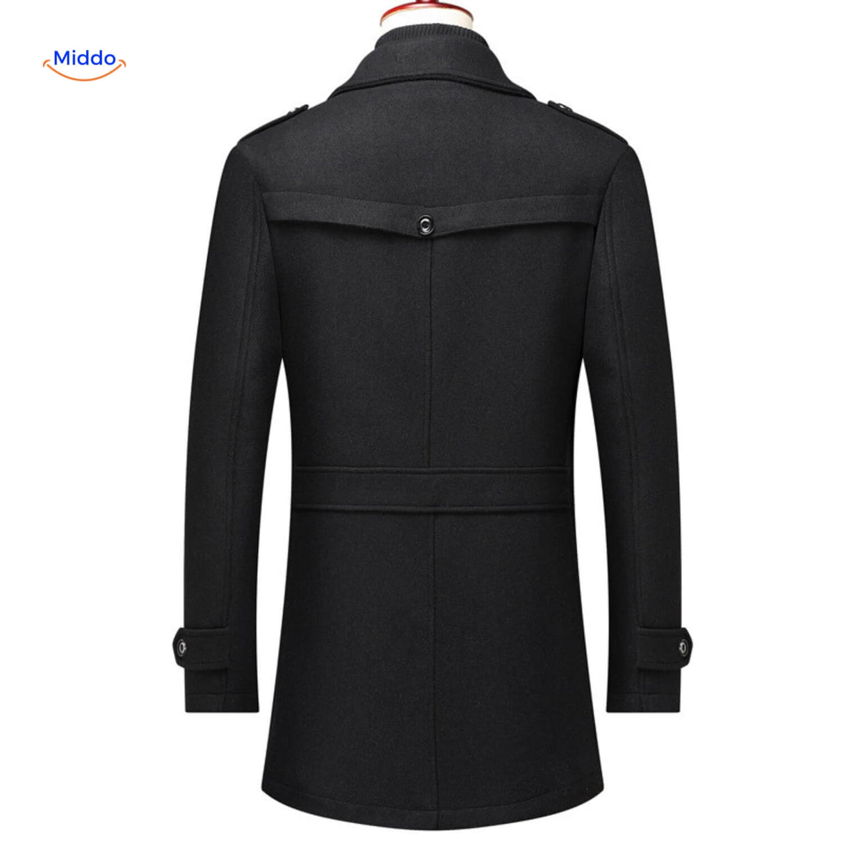 Black double-collar wool coat presented in a classic trench coat silhouette, full-length view.