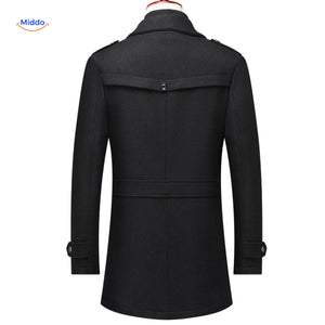 Black double-collar wool coat presented in a classic trench coat silhouette, full-length view.