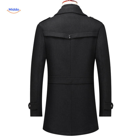 Black double-collar wool coat presented in a classic trench coat silhouette, full-length view.