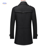 Black double-collar wool coat presented in a classic trench coat silhouette, full-length view.