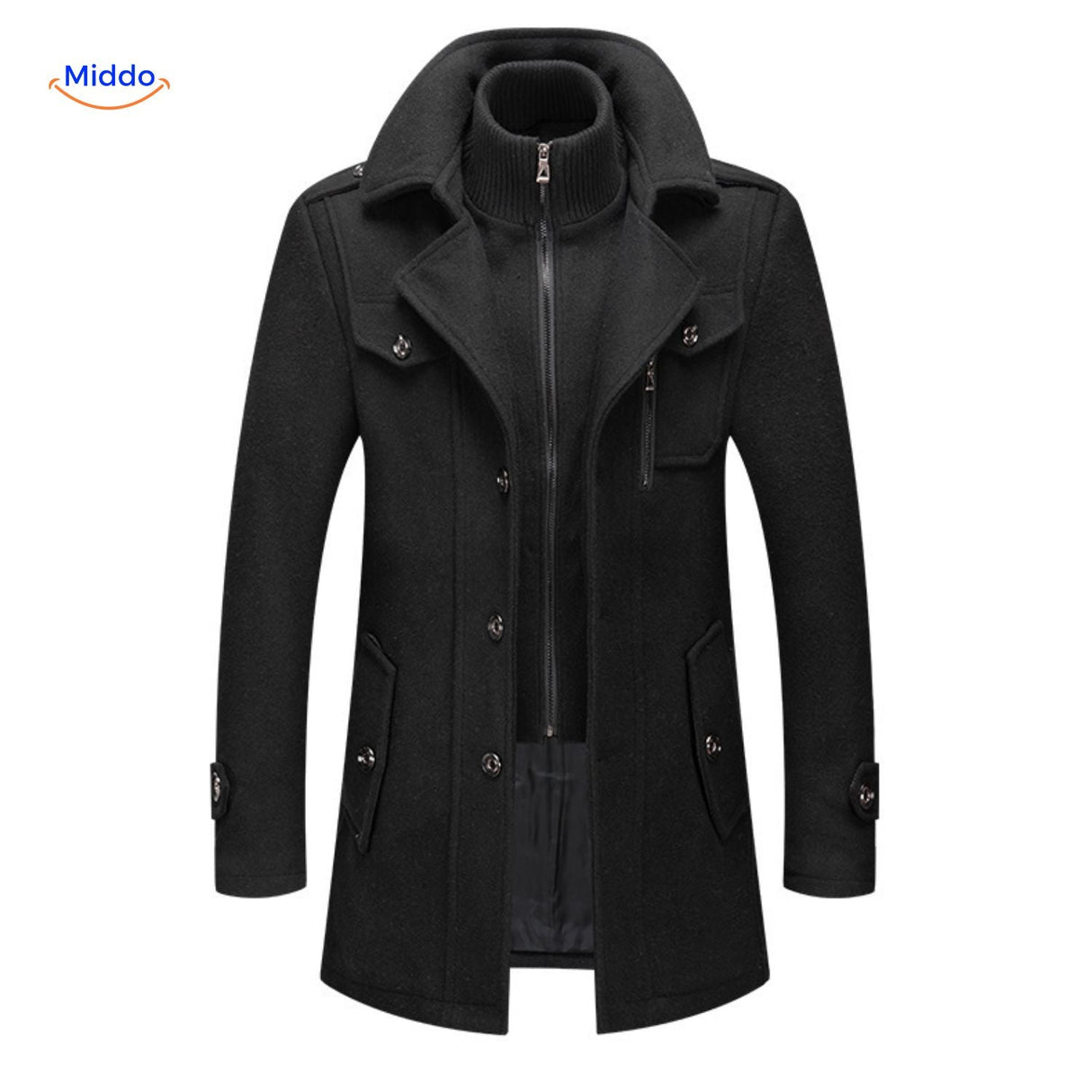 Double-collar wool coat in black, full-length front view with structured silhouette and British styling.