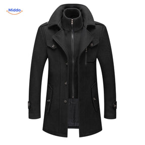 Double-collar wool coat in black, full-length front view with structured silhouette and British styling.