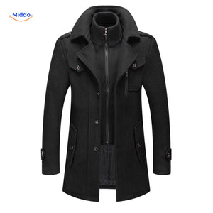 Double-collar wool coat in black, full-length front view with structured silhouette and British styling.
