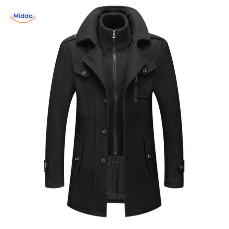 Double-collar wool coat in black, full-length front view with structured silhouette and British styling.